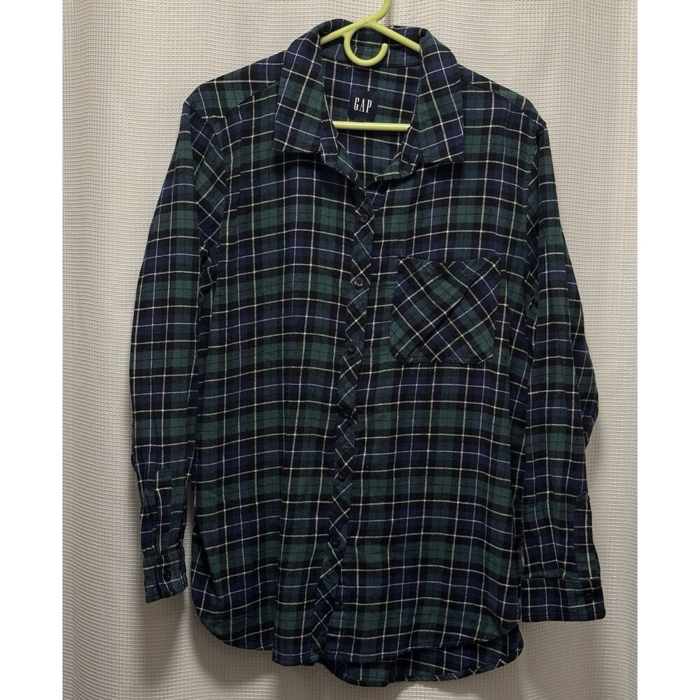 GAP Women’s XL Plaid Flannel Shirt Green Navy Black 100% Cotton Button Front